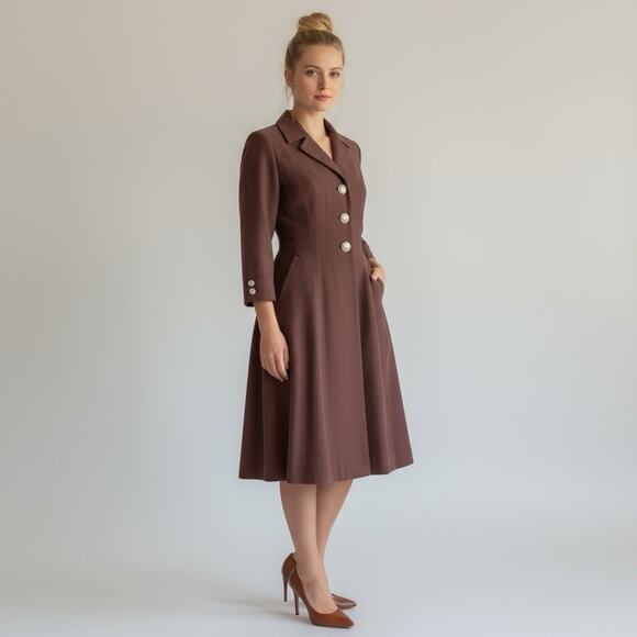 Vintage 1950s Rothmoor Swing Coat Rhinestone Buttons Brown Moiré Fabric Small - Picture 1 of 9